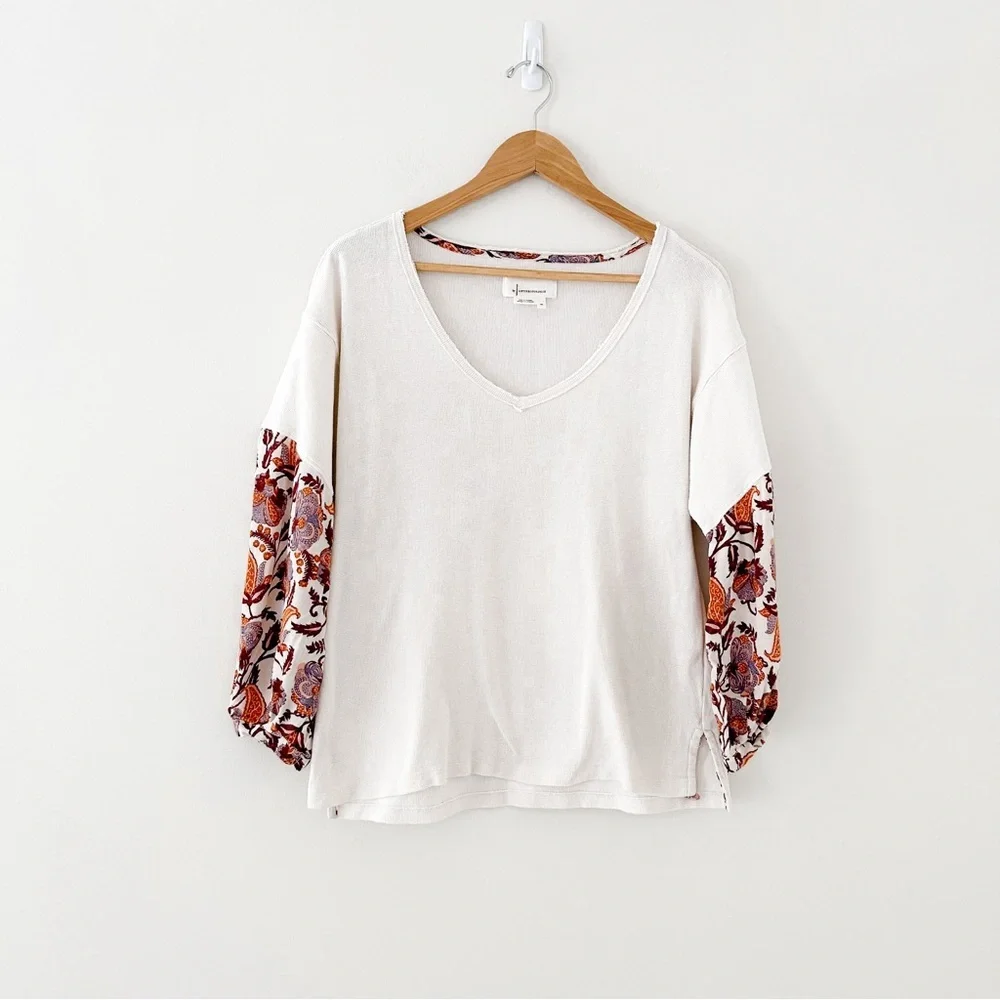 Anthropologie Waffle Knit Top Women's XS Cream Burgundy Floral Long Puff Sleeve